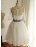 Polka Dots Tulle Elbow Sleeves Tea Length Wedding Dress